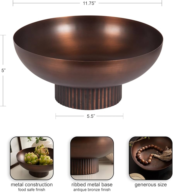 Ribbed Pedestal Decorative Bowl, Fluted Metal Centerpiece