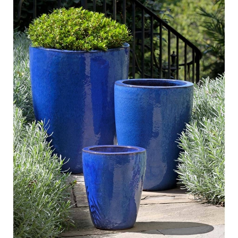 Riviera Blue Planter Set with Glossy Glaze and Staggered Heights