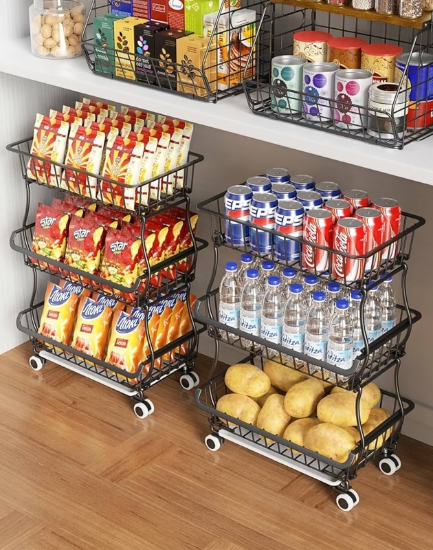 Rolling Storage Cart Black Wire Basket Tiered Kitchen Organizer