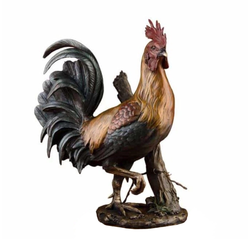 Rooster Sculpture Verdigris Patina Weathered Intricate Feathering Decor