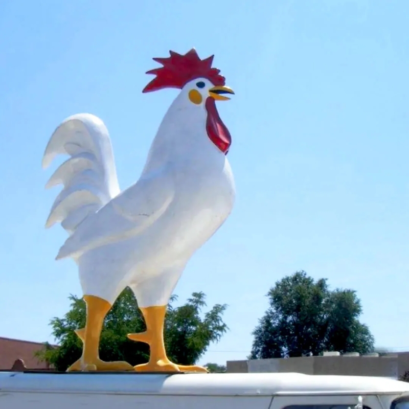 Rooster Statue Crowing Pose Glossy Vibrant Red Giant Garden Statue