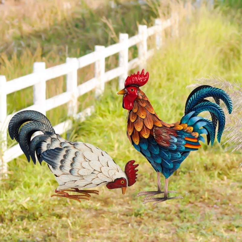 Rooster Statue Set of 2 Layered Metal Feathers Vibrant Colors Decor
