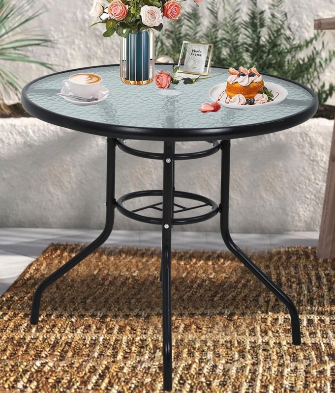 Round Bistro Table Water Ripple Glass Top Black Metal Umbrella Hole Layout