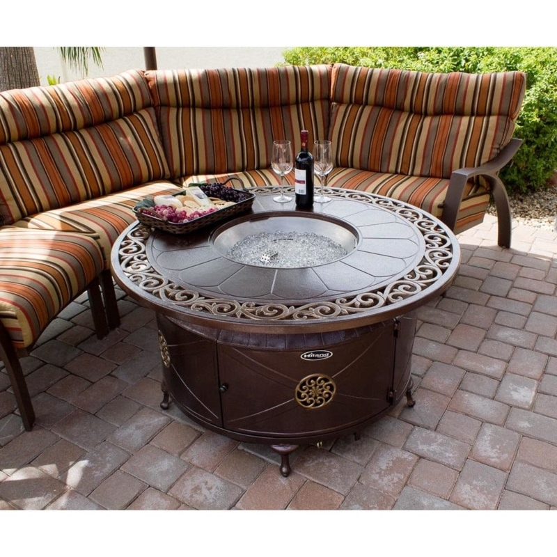 Round Bronze Fire Pit Table, Ornate Scrollwork Base, Latticework Top.