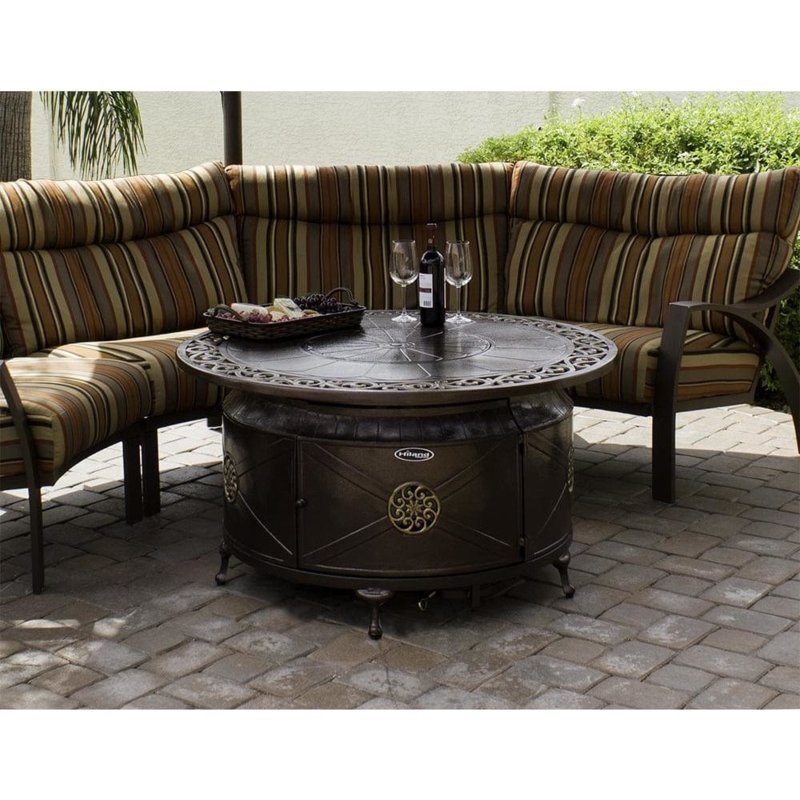 Round Cast Aluminum Fire Pit Table, Bronze Finish, Curved Legs, Latticework.