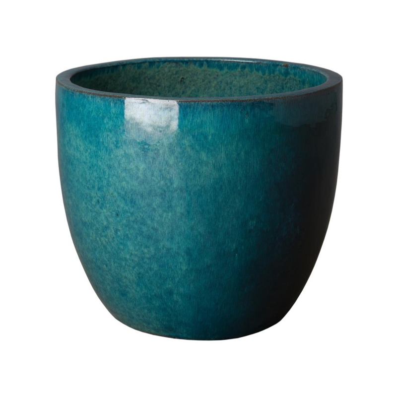 Round Ceramic Planter, Glossy Teal Rippled Texture Garden Pot