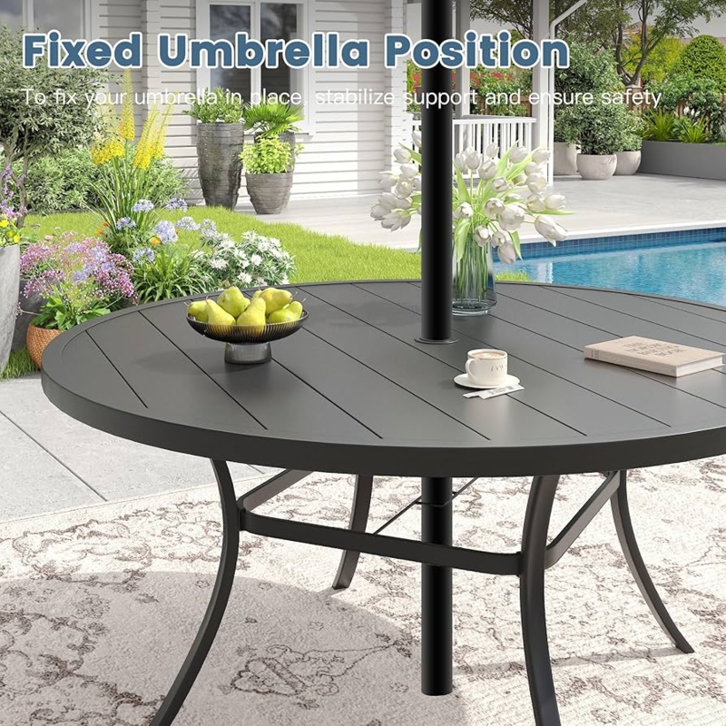 Round Dining Table Black Cast Metal Lattice Top Umbrella Hole Traditional