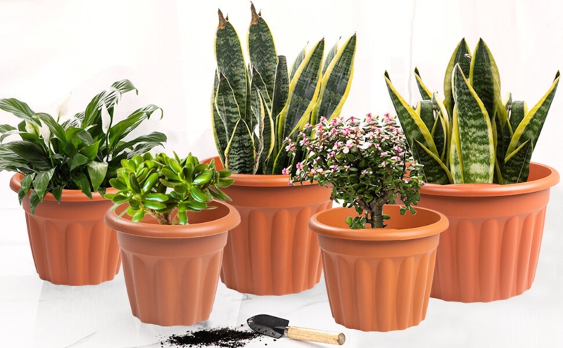 Round Garden Planters in Terracotta Tone with Traditional Flanged Rim