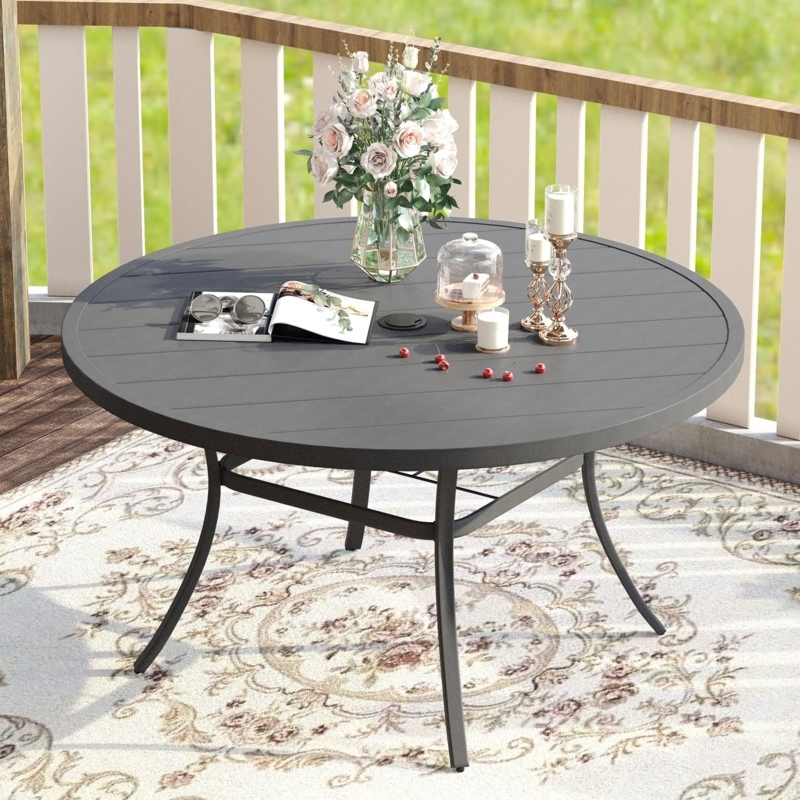Round Grey Slatted Metal Patio Dining Table Umbrella Hole