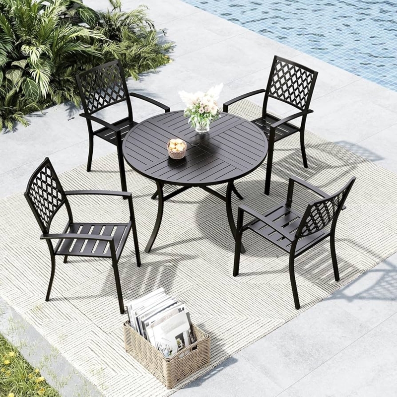 Round Outdoor Dining Set Mesh Tabletop Wrought Iron Style