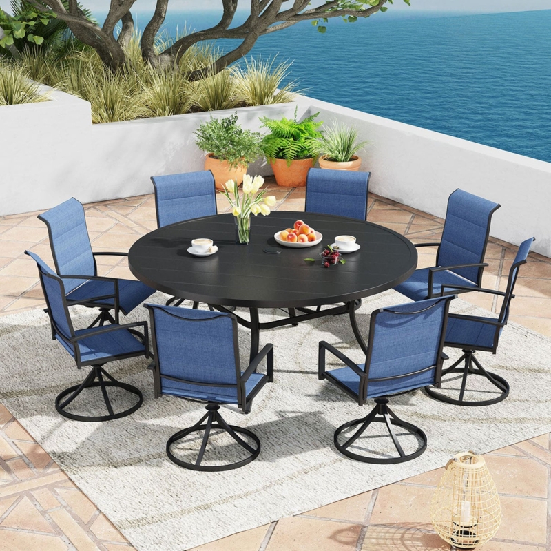 Round Outdoor Dining Table Black Metal Perforated Top Umbrella Hole
