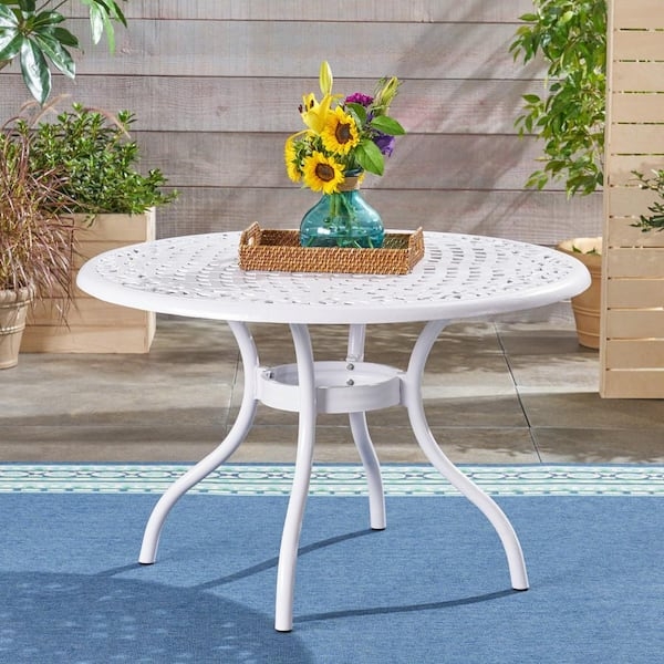 Round Outdoor Dining Table White Perforated Mesh Top Cabriole Legs