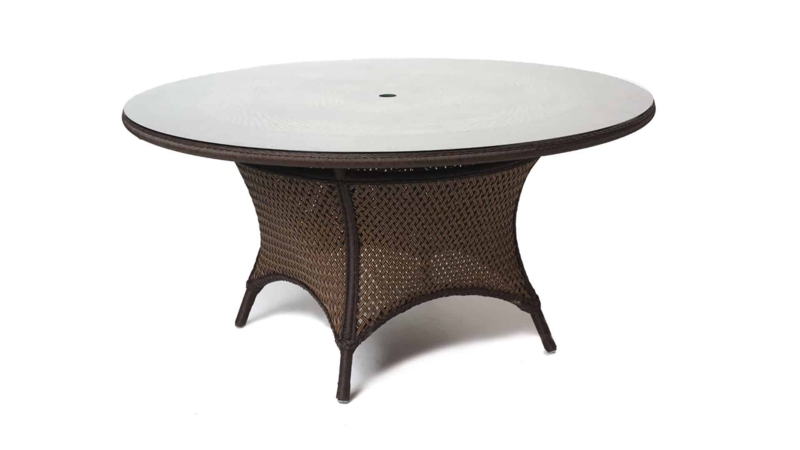 Round Outdoor Table Woven Wicker Pedestal Base Wood Slatted Top Coastal