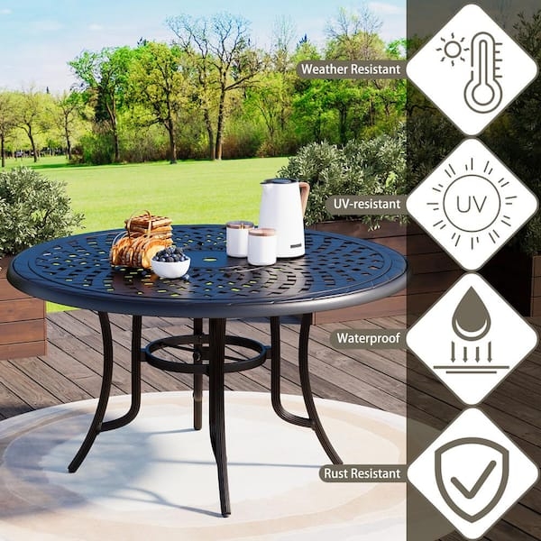 Round Patio Dining Table Black Cast Aluminum Lattice Top