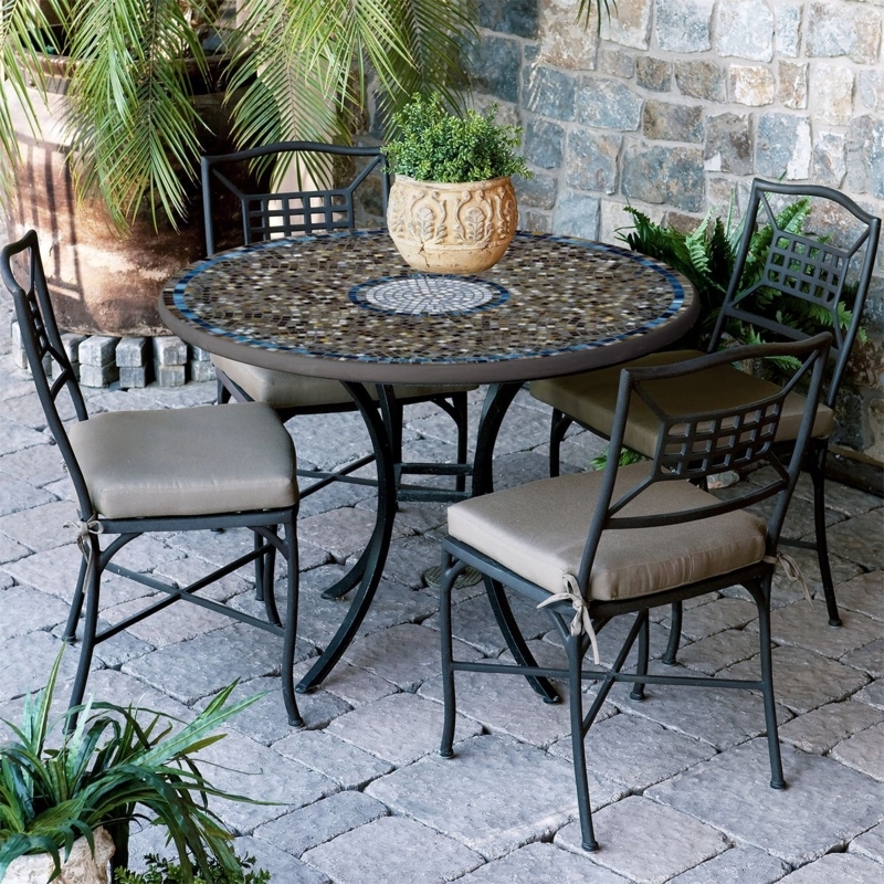 Round Patio Dining Table Earthy Stone Mosaic Top Scrolled Iron Base