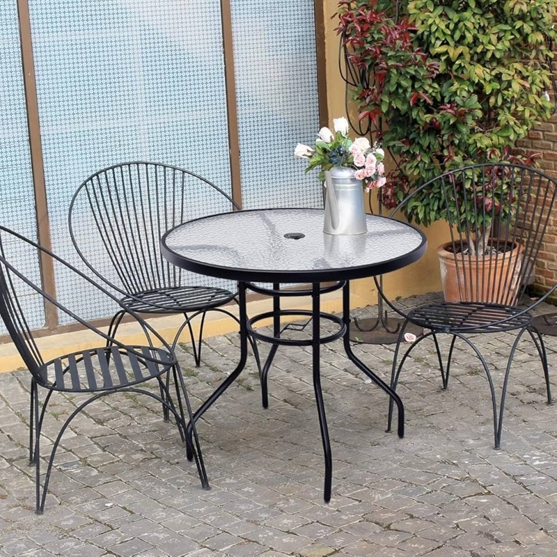 Round Patio Table Rippled Glass Top Wicker Frame Umbrella Hole