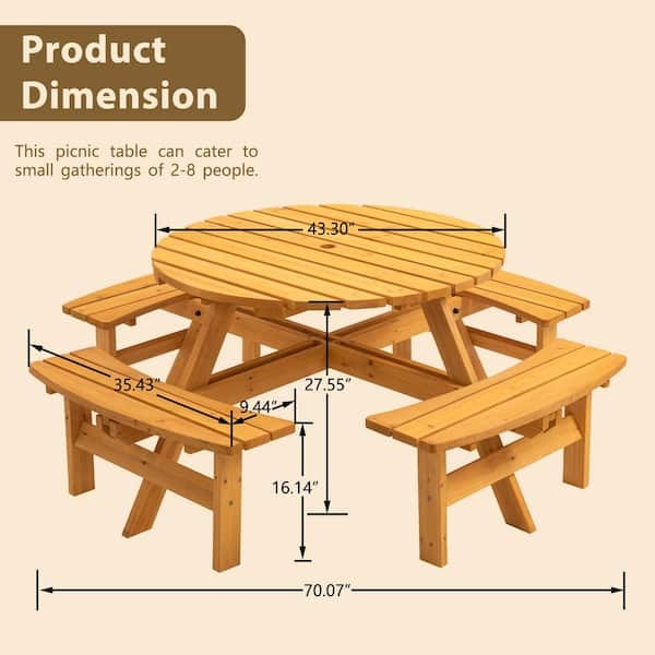 Round Picnic Table with Umbrella Hole, Integrated Benches.
