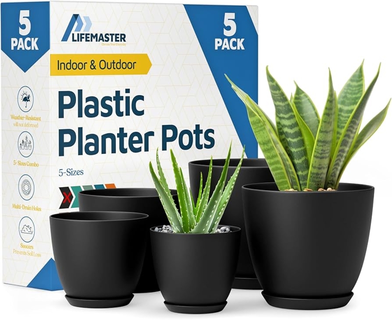 Round Planter Set with Vertical Ribbing, Matte Black Finish