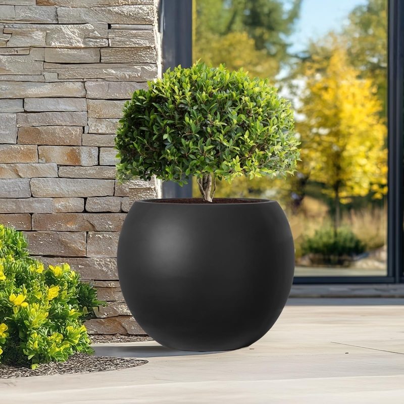 Round Planter Spherical Silhouette Matte Black Ribbed, Modern Styling