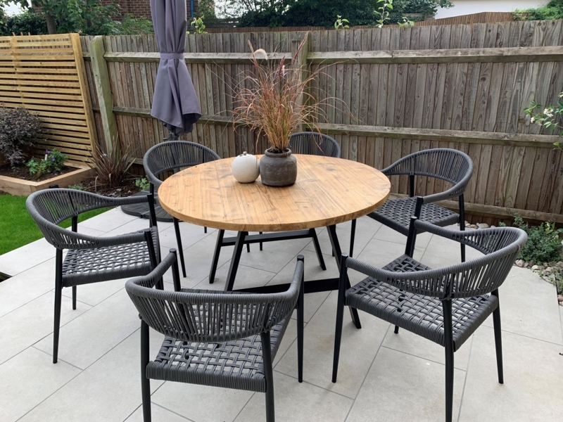 Round Reclaimed Wood Outdoor Dining Table with A-Frame Legs