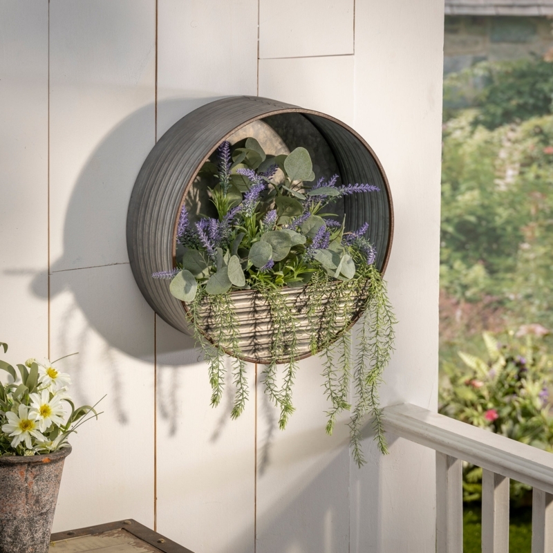 Round Wall Planter, Galvanized Metal, Corrugated Pocket, Rustic