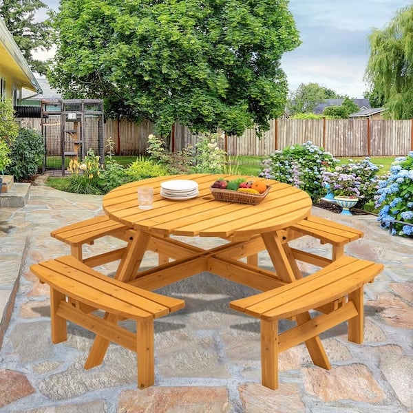 Round Wood Picnic Table with Integrated Benches 8 Person