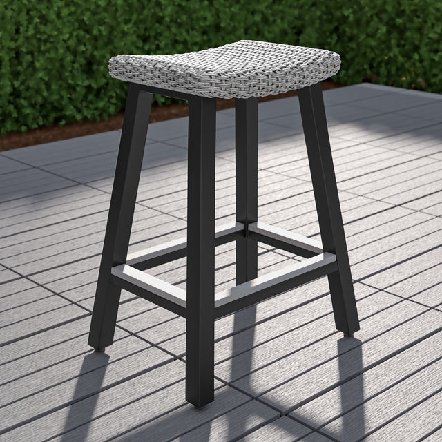 Rustic Bar Stool with Integrated Armrests in Wood Toned Composite