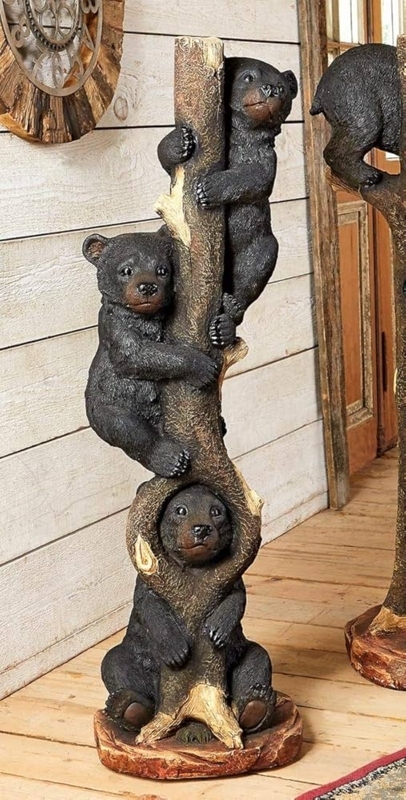 Rustic Bear Sculpture with climbing bears on a tree trunk silhouette.