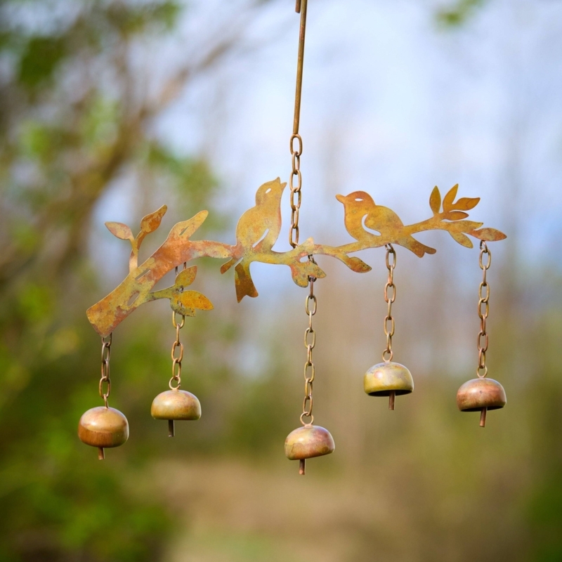 Rustic Bird Motif Wind Chime featuring Verdigris Metal Finish