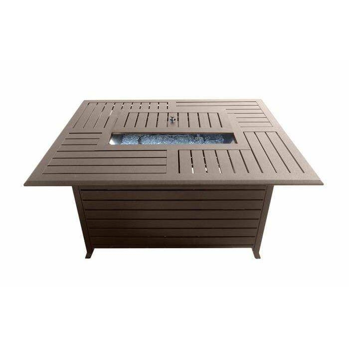 Rustic Bronze Fire Pit Table, Rectangular Slatted Design, Clear Fire Glass.
