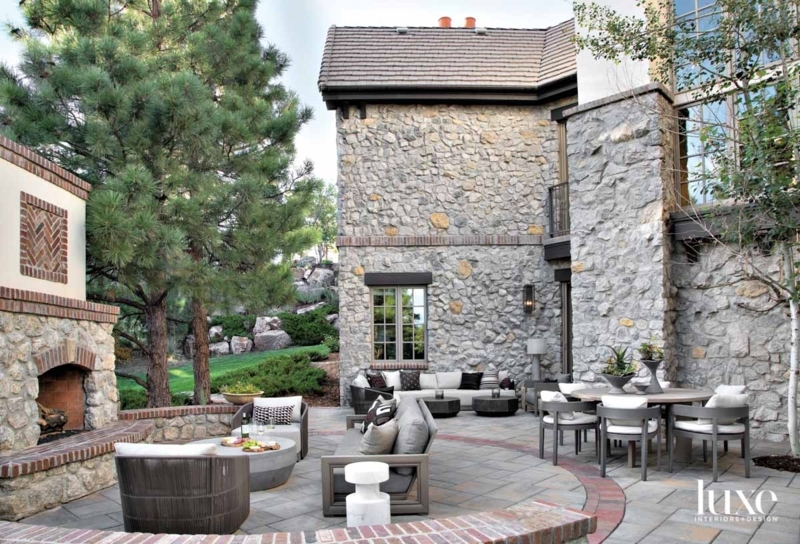Rustic Glam Stone Fireplace with Vaulted Beamed Ceiling Layout