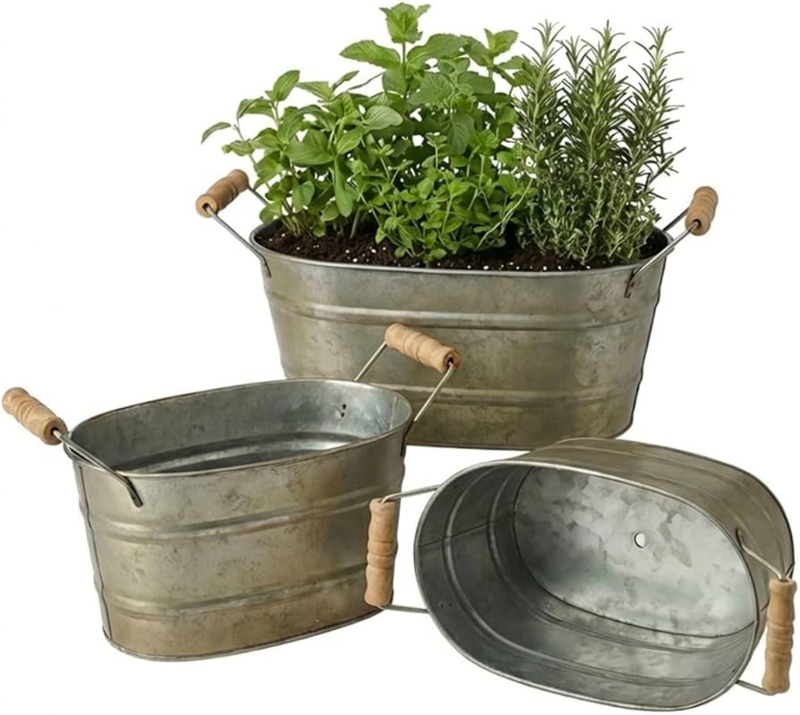 Rustic Metal Flower Buckets Oval Ribbed Set
