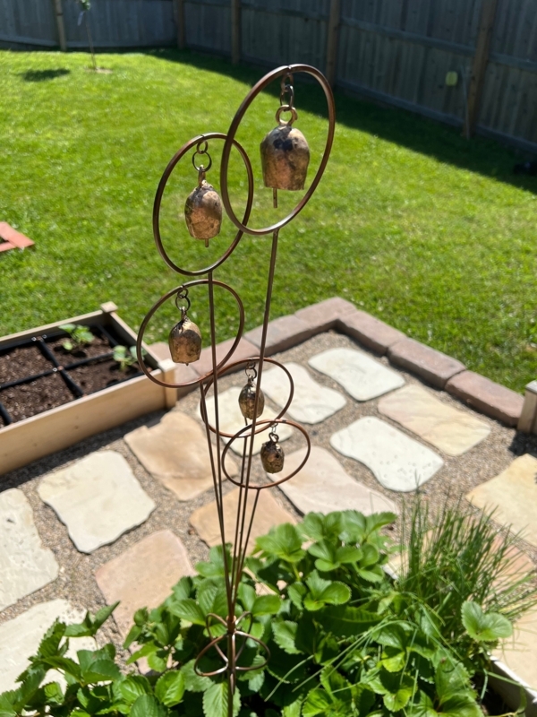 Rustic Metal Garden Stake with Branch Silhouette and Handcrafted Bells