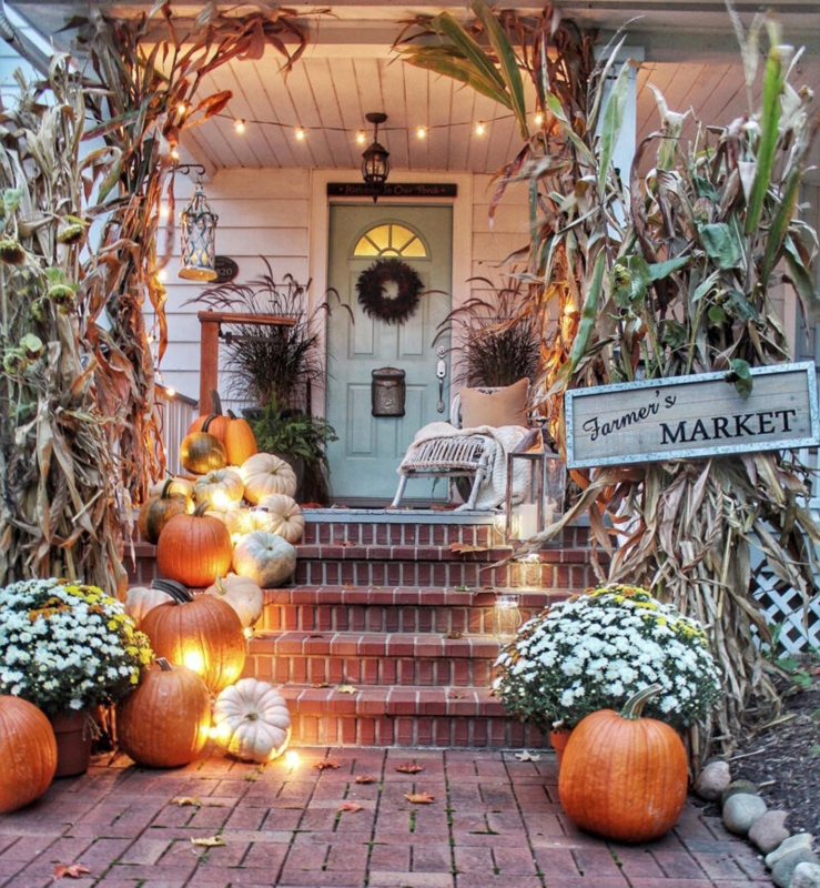 Rustic Porch Entry featuring Harvest Sign and Mixed Gourd Display
