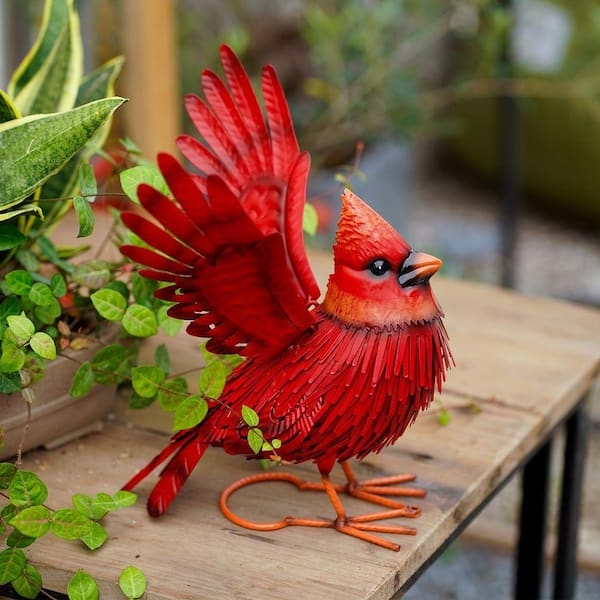 Rustic Red Cardinal Garden Statue with Realistic Metal Feather Texture