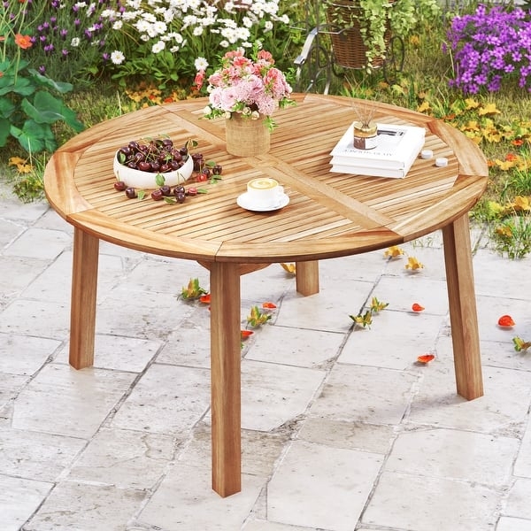 Rustic Round Wood Dining Table Slatted Top Pedestal Base
