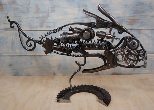 Rustic Skeletal Fish Sculpture Oxidized Reclaimed Metal