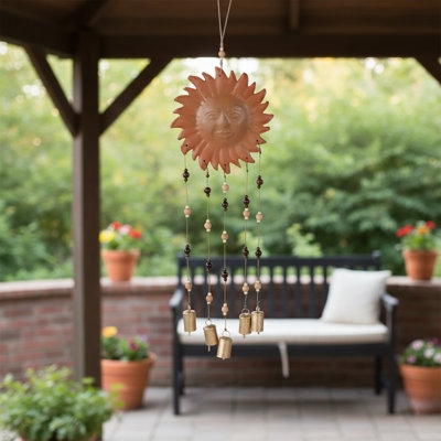 Rustic Sun Face Wind Chime with Tiered Bells and Bronze Finish