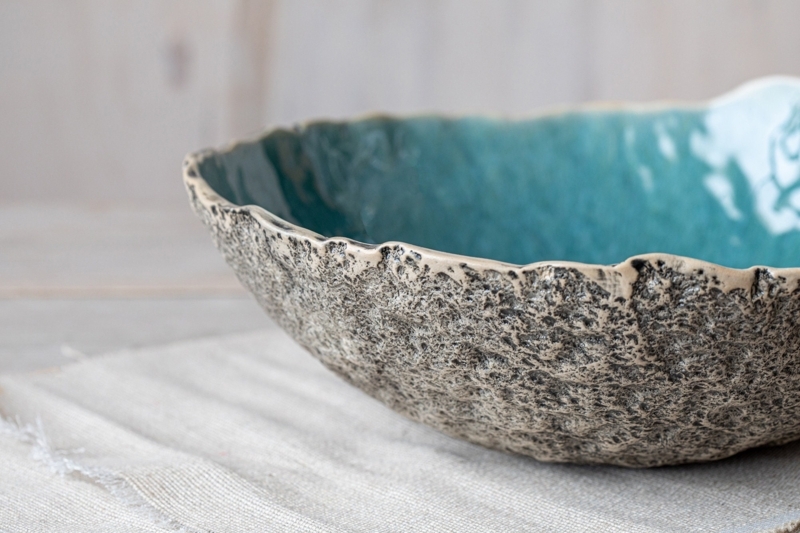 Rustic Turquoise Ceramic Serving Bowls Textured Clay Nested Set