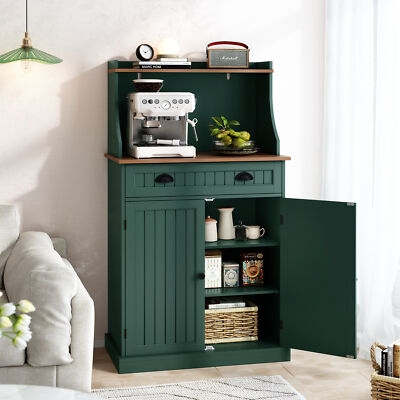Sage Green Pantry Cabinet with Arched Glass Doors & Microwave Hutch