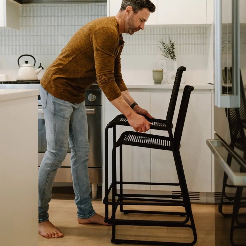 Sand Woven Rope Counter Stool Matte Black Frame Coastal Balcony