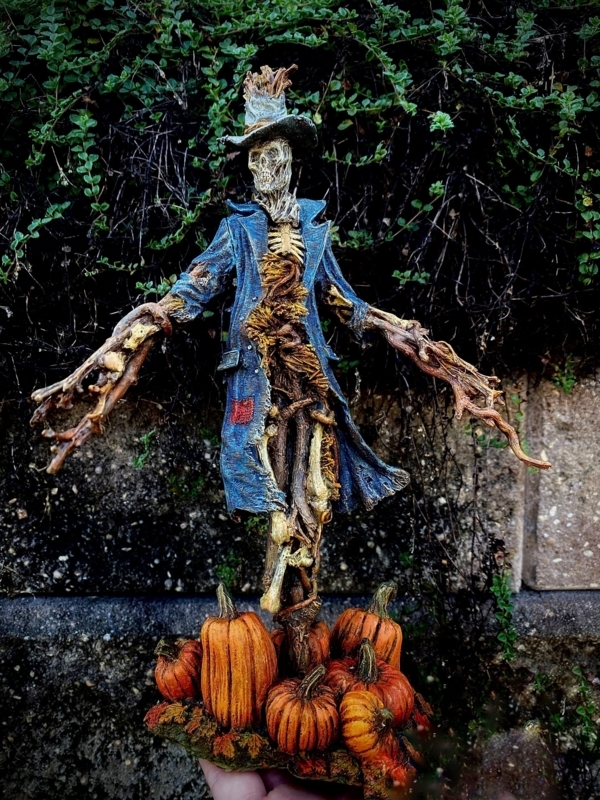 Scarecrow Figurine Pumpkin Head, Scythe, Burlap Texture, Dark Folklore Style