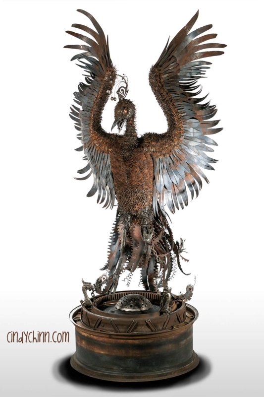 Scrap Metal Phoenix Sculpture Textured Oxidized Wings