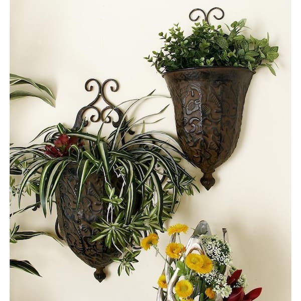 Scrollwork Wall Planter Set, Dark Brown Metal, Traditional Rustic
