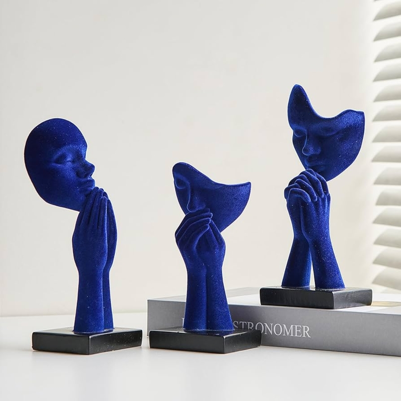 Sculptural Figurine Flocked Texture Abstract Prayer Poses Navy Blue