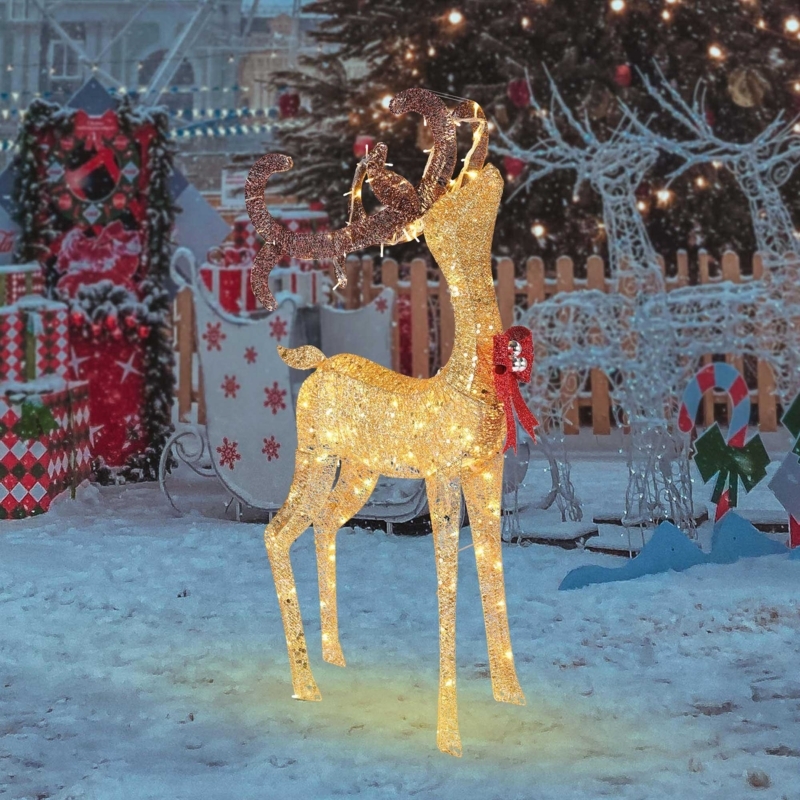 Sculptural Form Reindeer Decoration, Wire Frame Silhouette with Red Bow.