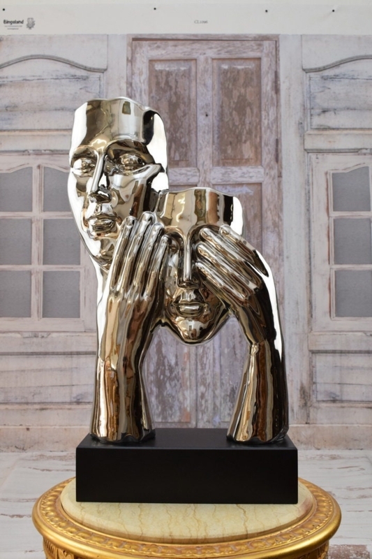 Sculpture Abstract Couple Face Ceramic and Metal on Staggered Rods