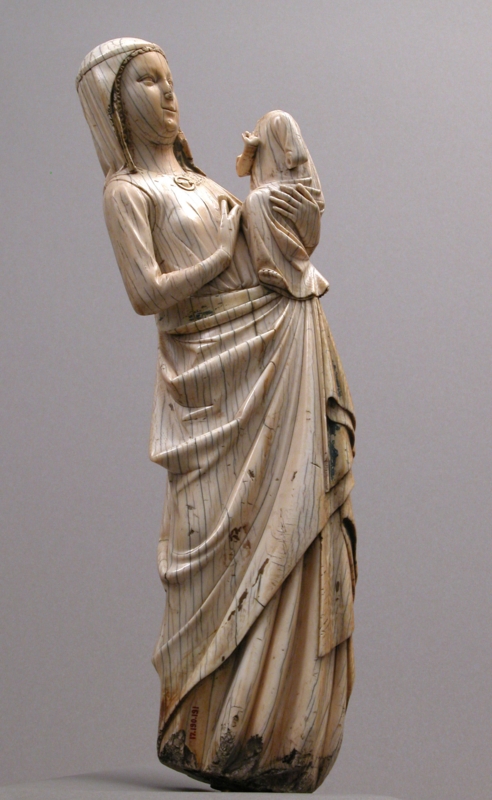 Sculpture Antique Religious Wood, Distressed Deep Drapery Carving
