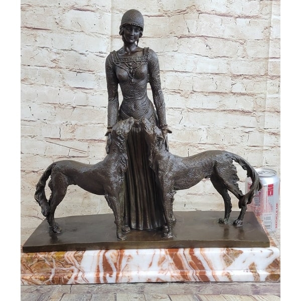 Sculpture Art Deco Bronze Lady with Afghan Hound Dogs