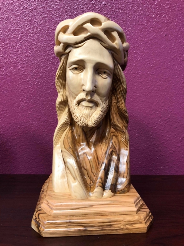 Sculpture, Artisanal Olive Wood Bust, Swirling Grain, Facial Carving.